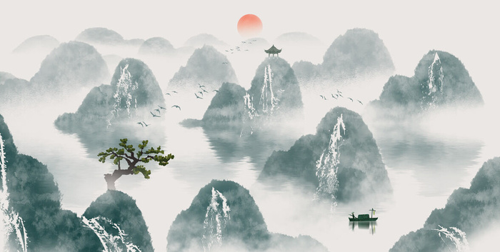 山川湖水绿色风景绘画PSD素材psd模版下载