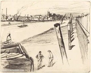 高清惠斯勒素描港口美景装饰画