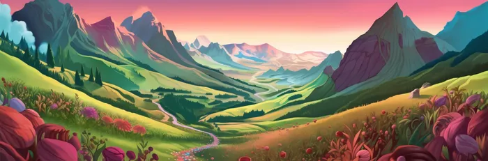 异世界崇山峻岭巍峨的山脉插画背景(5664x1872)
