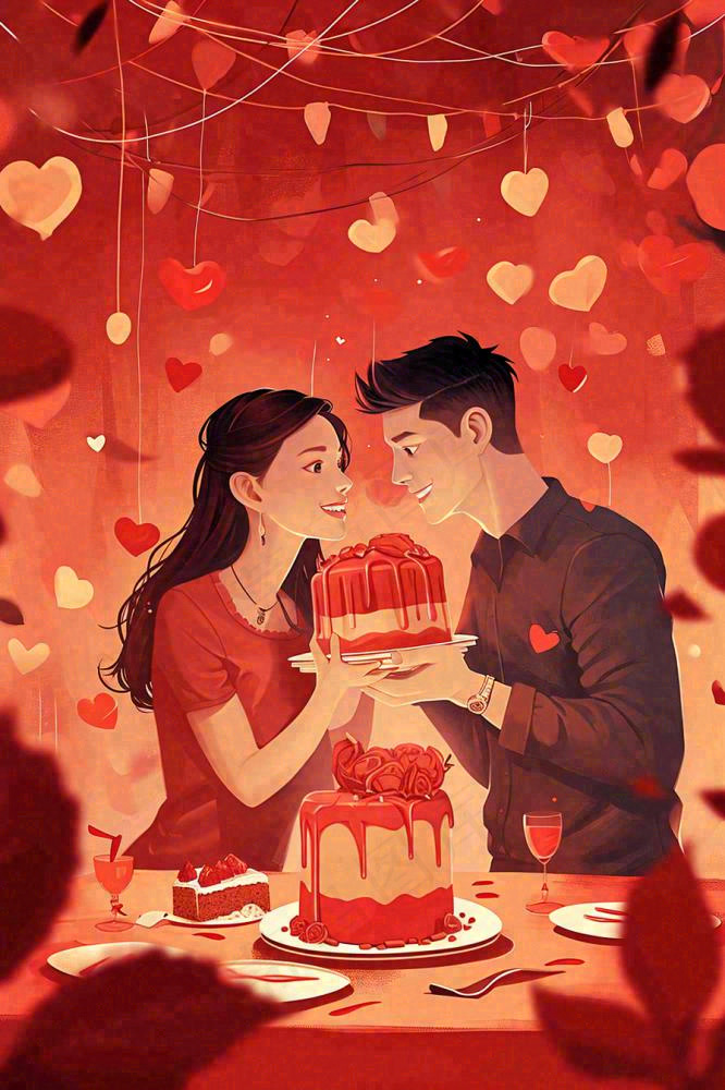 情人节爱心浪漫情侣晚餐生日蛋糕插画手绘
