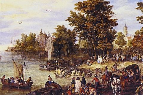 欧美船只出海人群河岸风景油画