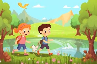 儿童孩子们大自然草原森林游玩卡通背景