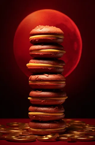 饼干糕点堆叠美食暗红背景摄影图