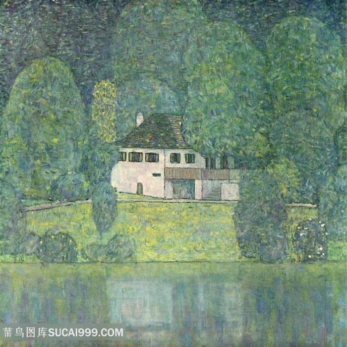 克里姆特油画唯美树木房子湖畔美景装饰画