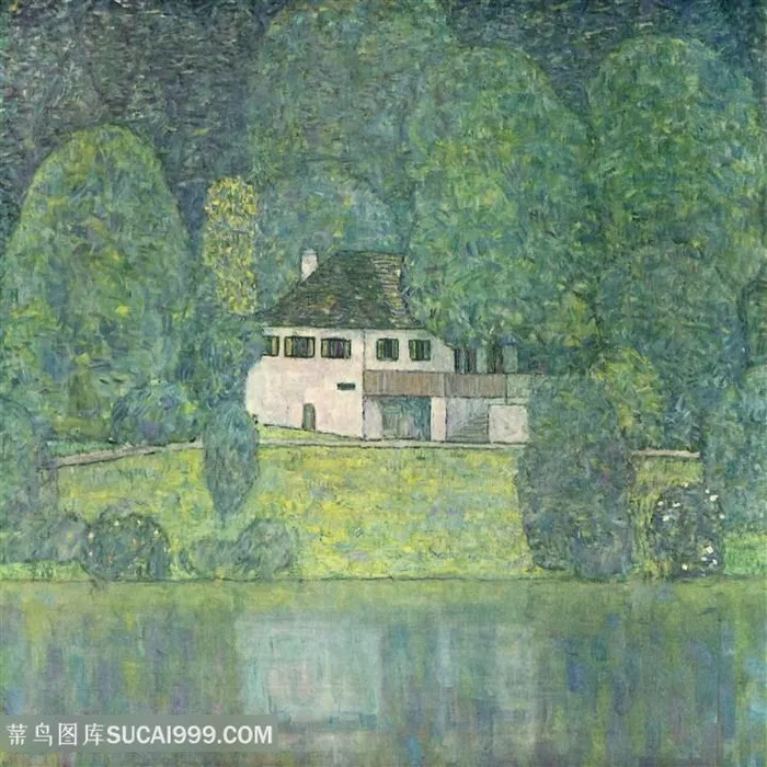 克里姆特油画唯美树木房子湖畔美景装饰画