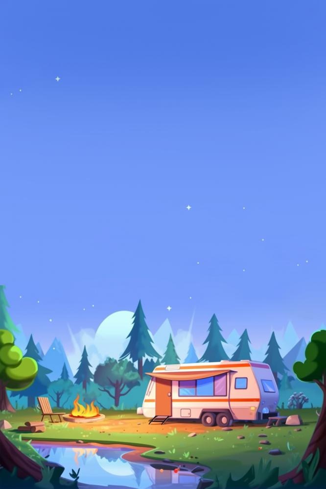清新户外星空房车露营插画海报背景