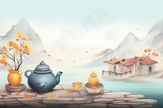 秋季山水赏菊泡茶重阳节插画素材