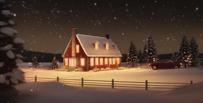 冬天夜晚森林里的房子被白雪覆盖卡通插画背景(1552x784)