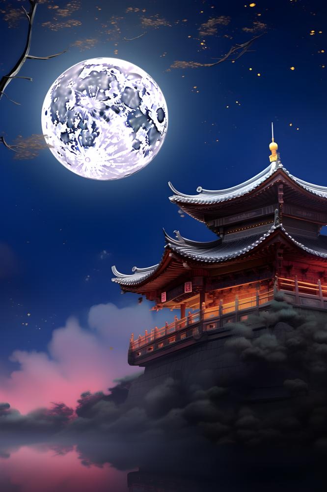 创意月亮夜晚建筑背景(2400x3600)