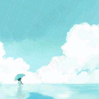 夏天海边蓝天白云水彩画