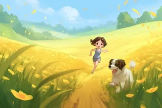 春天蓝天白云草原黄花小女孩小狗动物漫步奔跑