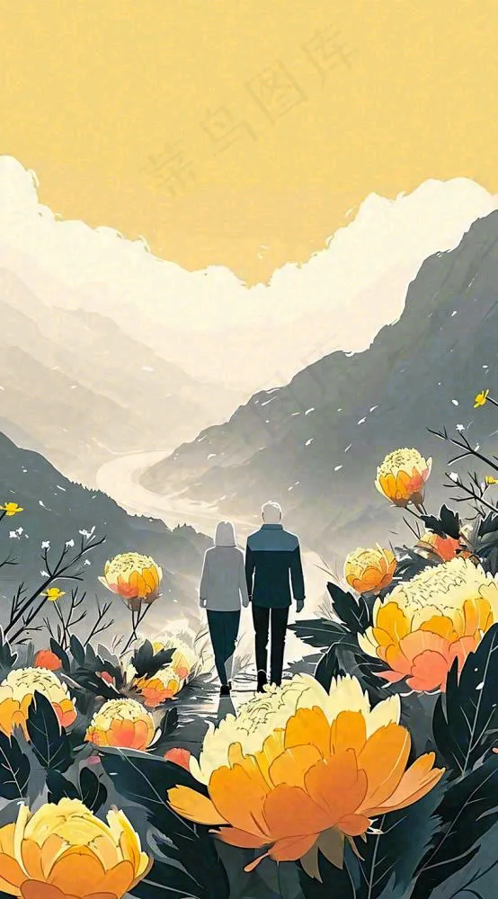 端午节老人相伴到老，菊花黄色花朵，落日山脉(816x1472)