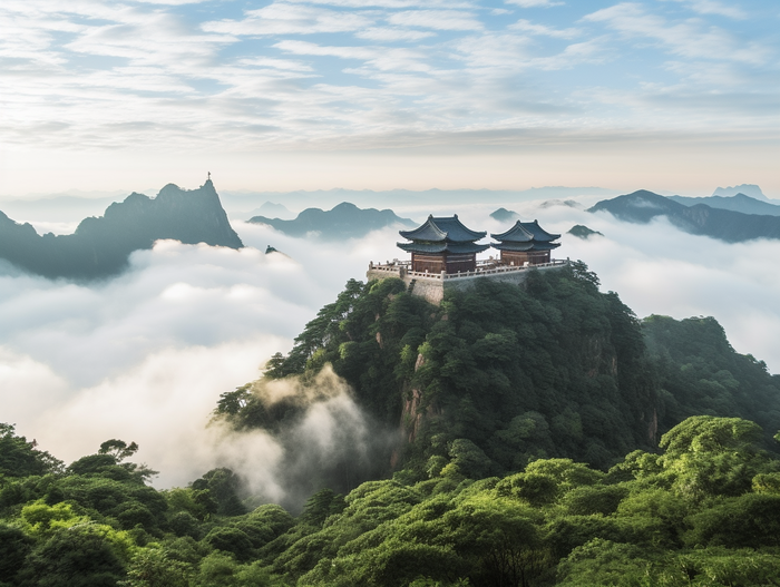 a tall building sitting on top of a lush green hillside, a picture inspired by Li Keran, unsplash contest winner, sōsaku hanga, the taoist temples of huangshan, chinese landscape, cafe in the clouds 