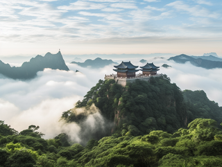 a tall building sitting on top of a lush green hillside, a picture inspired by Li Keran, unsplash contest winner, sōsaku hanga, the taoist temples of huangshan, chinese landscape, cafe in the clouds 