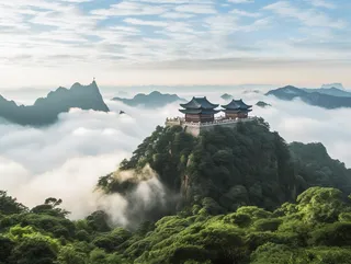 a tall building sitting on top of a lush green hillside, a picture inspired by Li Keran, unsplash contest winner, sōsaku hanga, the taoist temples of huangshan, chinese landscape, cafe in the clouds 