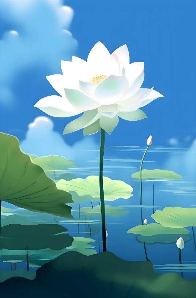 荷花荷叶蓝色背景(2370x3600)