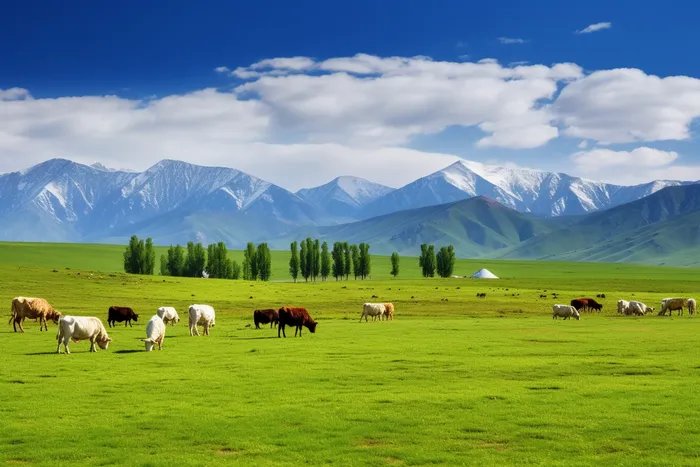 高原雪山的草原的牛羊摄影图(4032x2688)