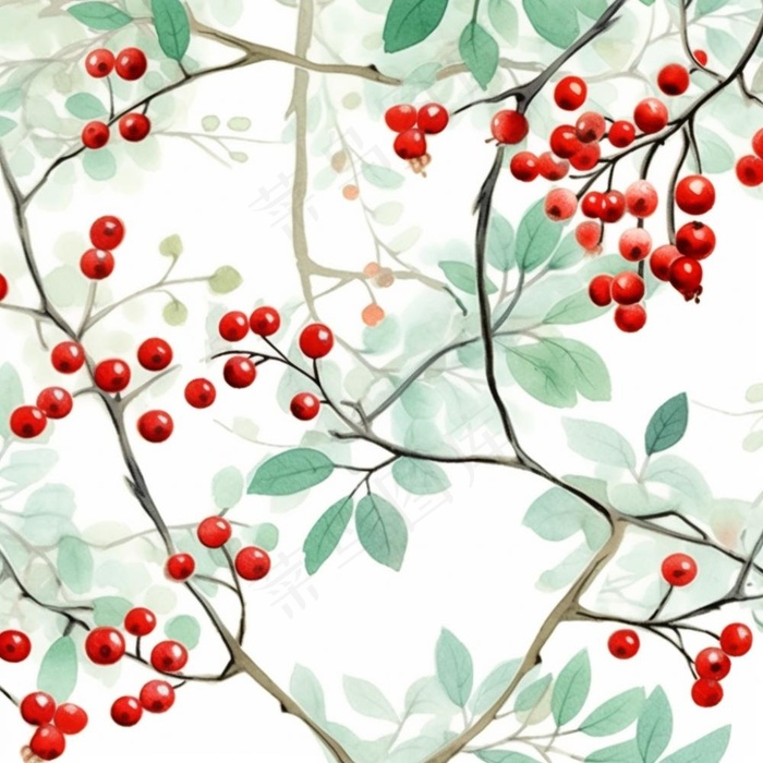 树枝上的红色果实小清新植物水墨画插画素材(1024x1024)