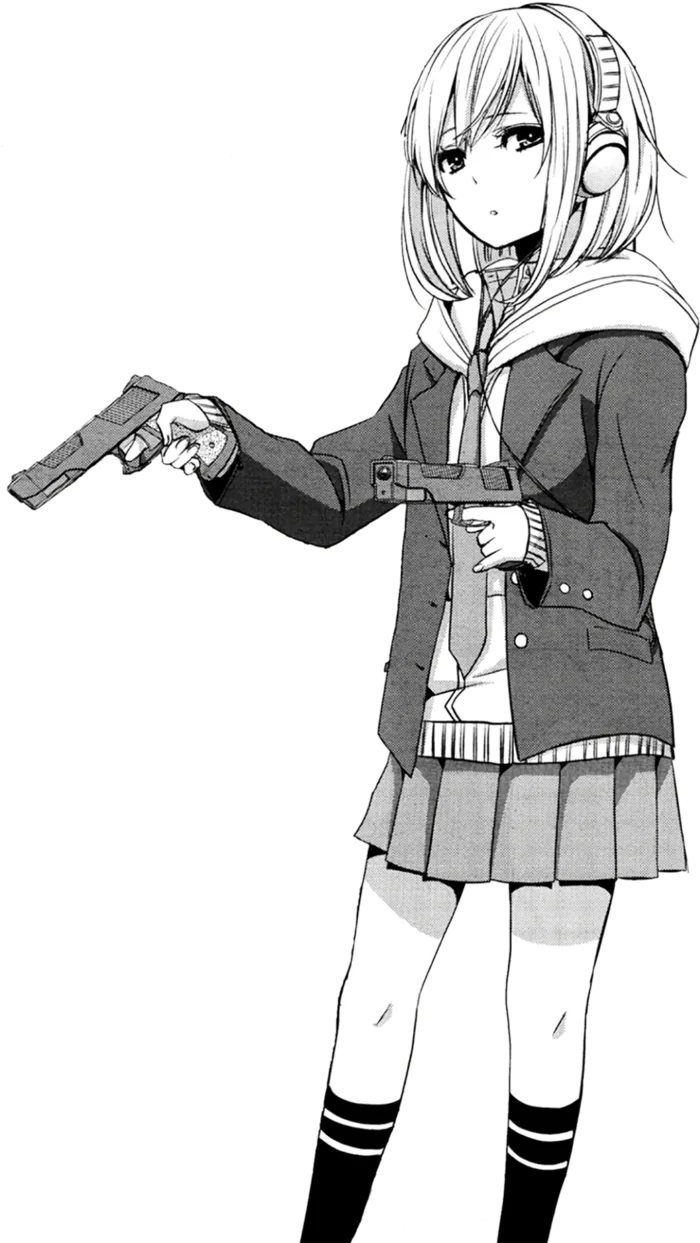 线条黑白持枪女孩素材简笔