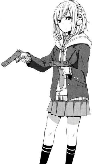 线条黑白持枪女孩素材简笔