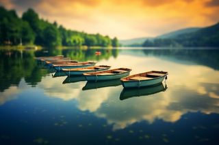 清澈的湖泊上停着整齐的几艘船摄影图