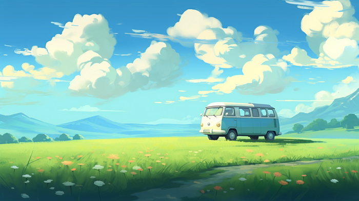 蓝天白云草地花丛汽车卡通插画素材背景(x)