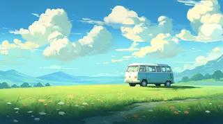 蓝天白云草地花丛汽车卡通插画素材背景