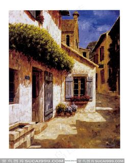 乡村街道建筑油画风景画 乡村街道建筑油画风景画