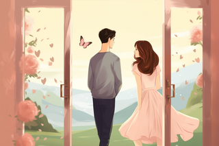 粉色鲜花的房子里的情侣牵手向外面的草原山川走去插画图 