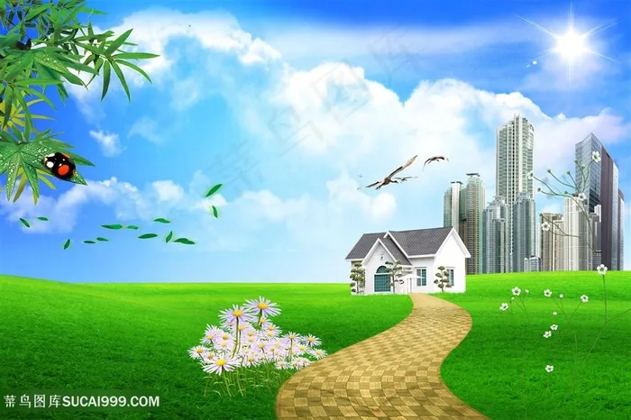 草地高楼建筑风景画韩式自然背景