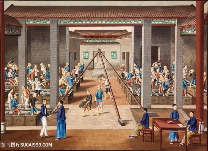 古代茶叶作坊集市贸易场景绘画图片