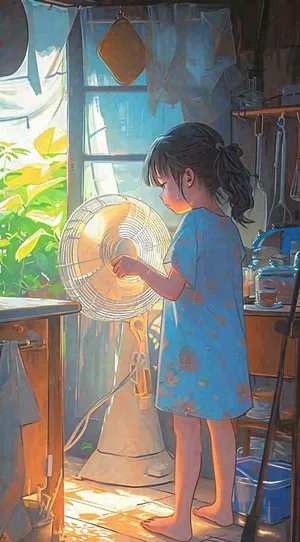 夏天炎热夏至室内小孩儿童吹风扇手绘插画