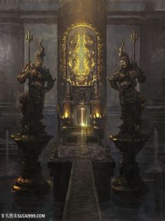 中国风CG宏伟金色光辉微微敞开的大门原画绘画图片