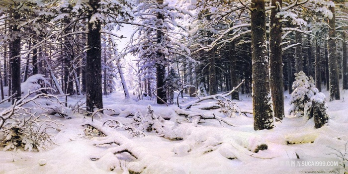 唯美森林雪景油画