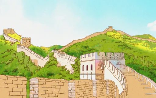 彩色手绘远景长城插画素材3