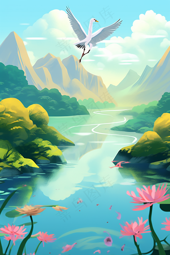 秋季湖水*飞驰的白鹭鹤重阳插画背景(x)