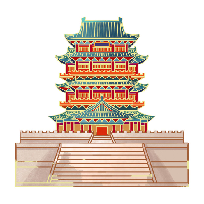 复古中国风国潮古建筑插画手绘高楼古塔PSD素材亭子png免抠图