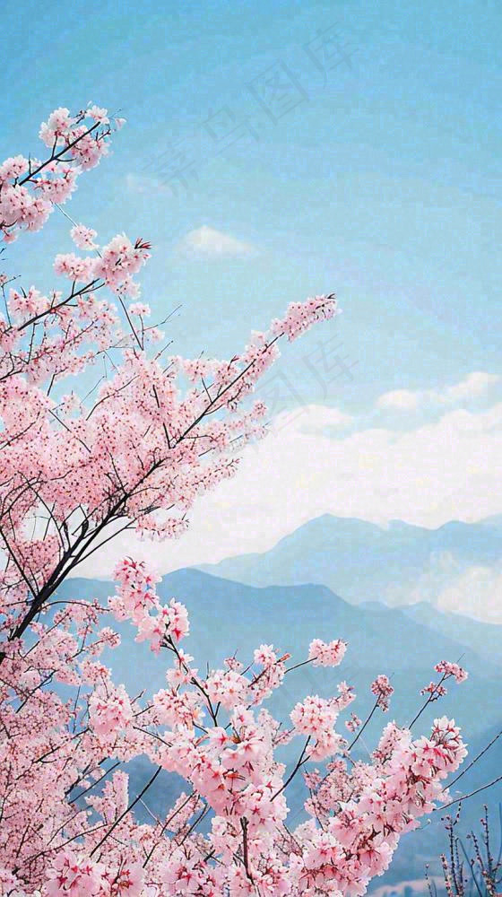 春天山河边蓝天粉色樱花花朵，惊蛰立春