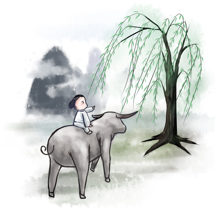 清明清明节卡通牧童骑牛看树
