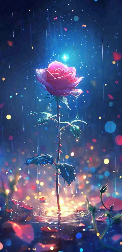 雨天荆棘粉色玫瑰，夜光星光爱情浪漫，情人节(768x1584)