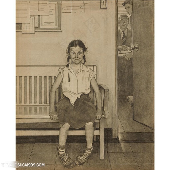 诺曼 · 洛克威尔手绘素描座椅上等消息的女孩装饰画