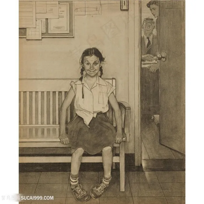 诺曼 · 洛克威尔手绘素描座椅上等消息的女孩装饰画