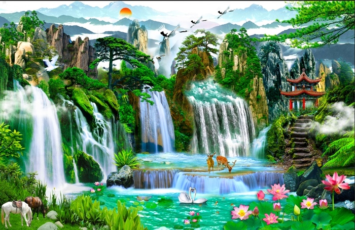 中式山水流水生财高山流水背景墙