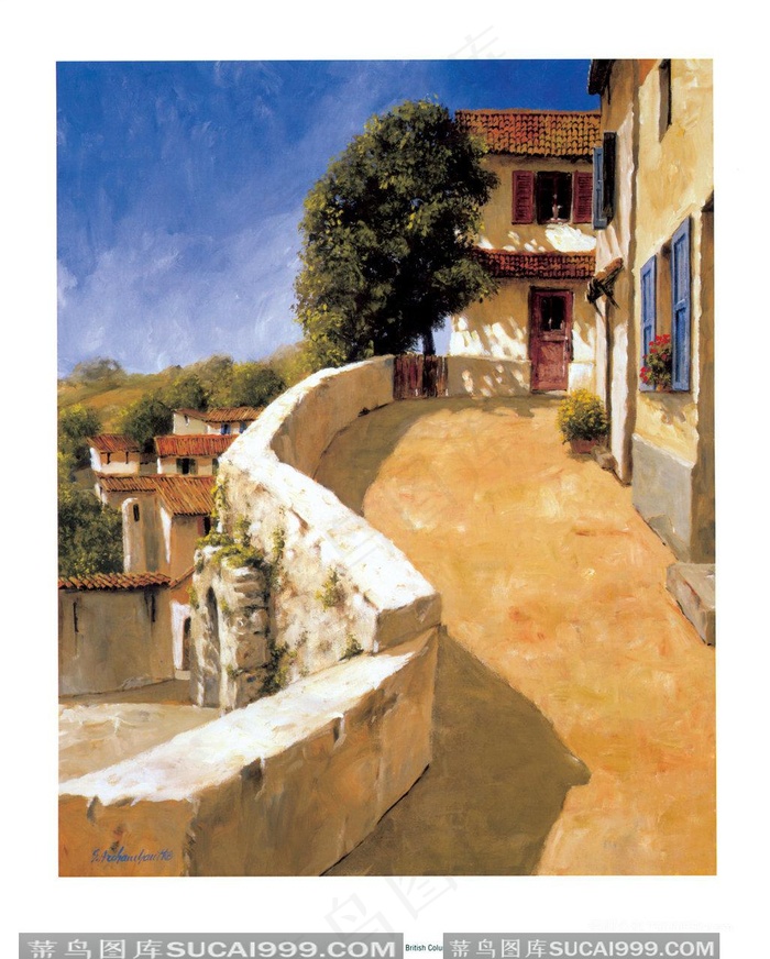 乡村道路高清油画风景画