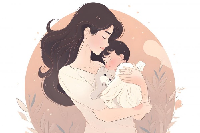 母亲节母亲抱着小孩母爱海手绘插画报背景素材