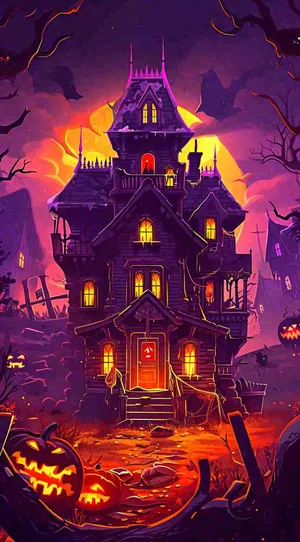 万圣节恐怖城堡南瓜夜晚暗紫色卡通节日