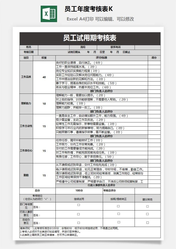 员工年度考核表K