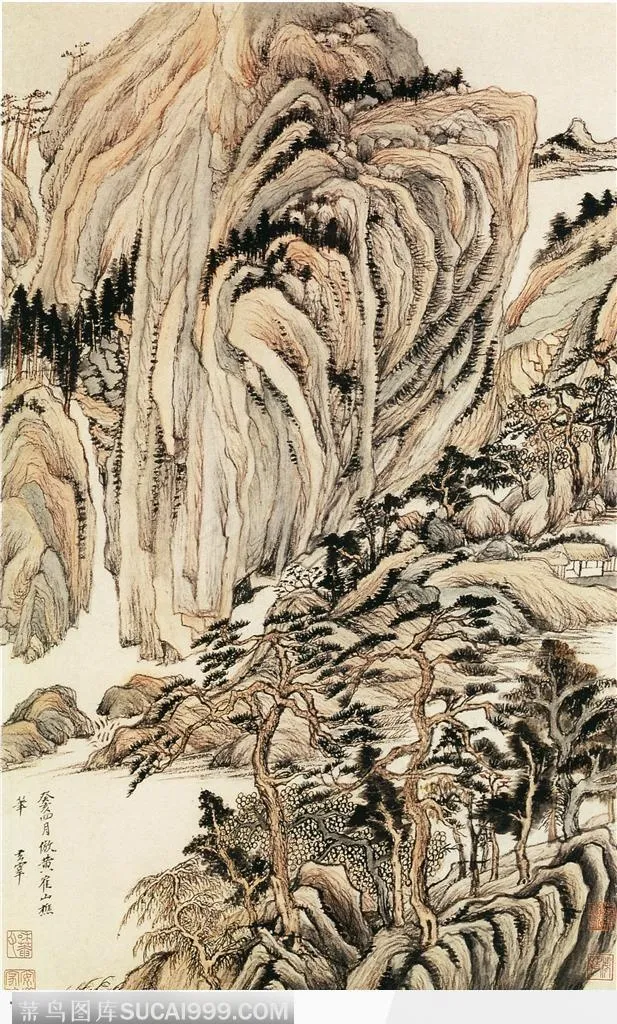 山水国画-岩山茅居图