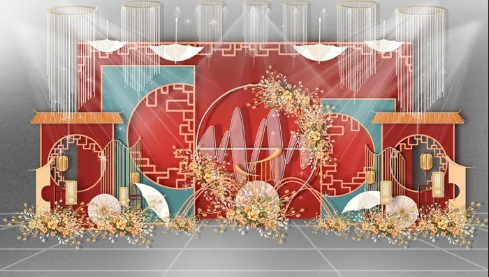 红蓝色中式传统婚礼迎宾区效果图psd模版下载