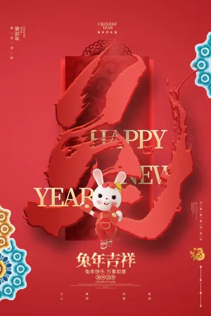 喜庆红色新年2023兔年海报